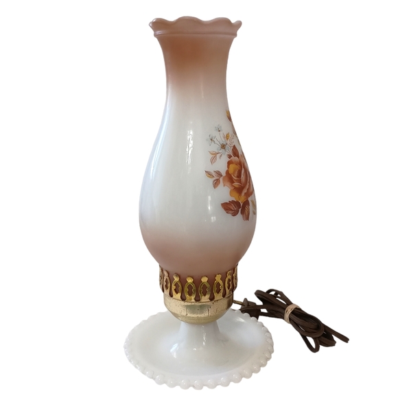 Milk Glass Hurricane Lamp Boudoir Bedside Table Light Floral Hobnail Edge Vtg. - Picture 4 of 16